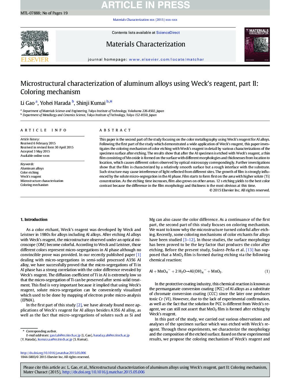 Microstructural characterization of aluminum alloys using Weck's reagent, part II: Coloring mechanism