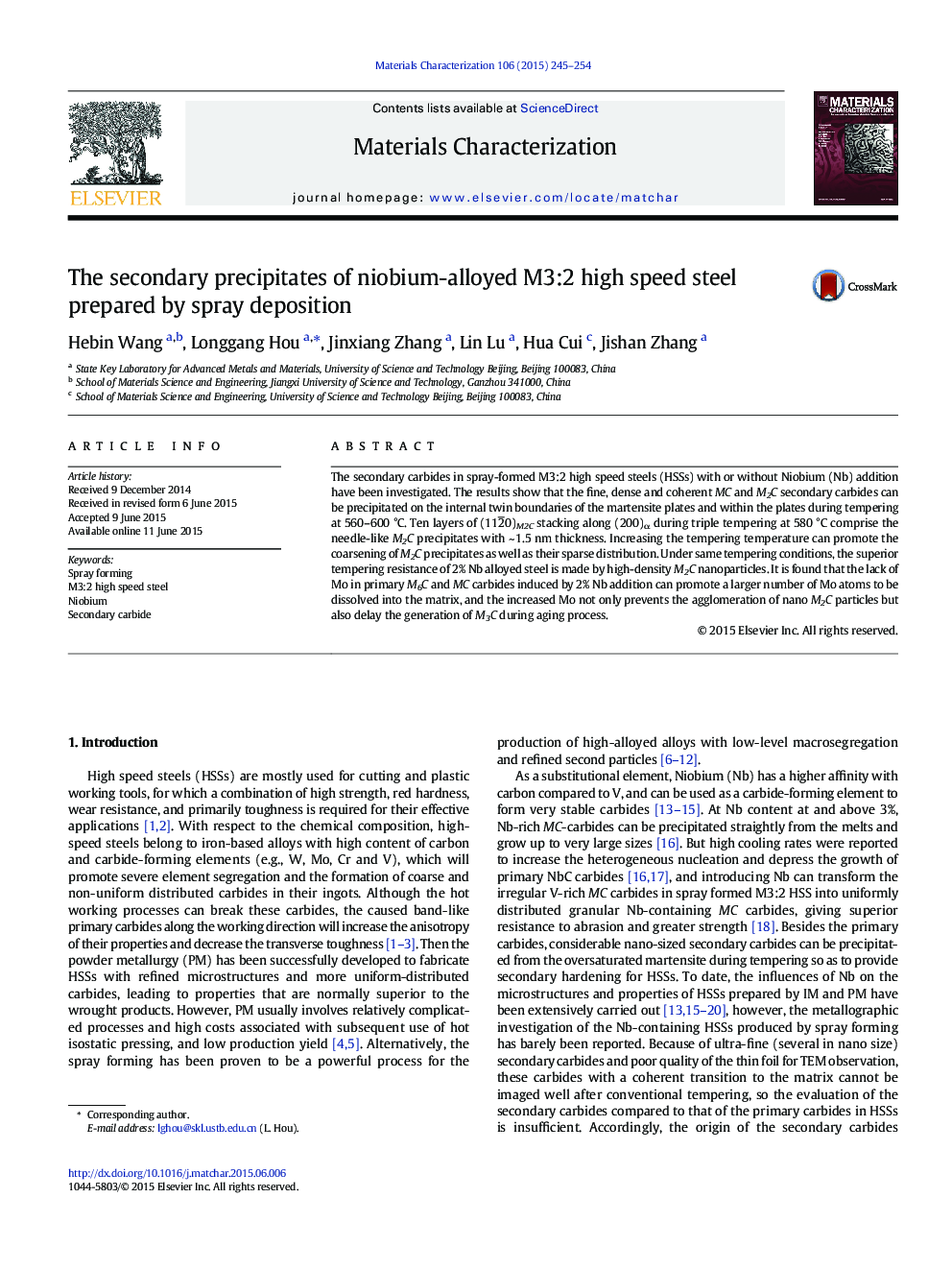 The secondary precipitates of niobium-alloyed M3:2 high speed steel prepared by spray deposition