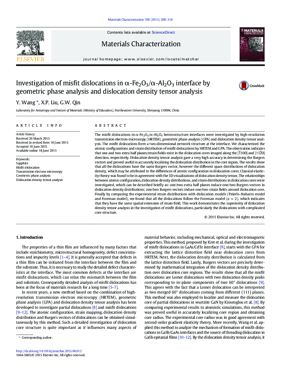 Investigation of misfit dislocations in Î±-Fe2O3/Î±-Al2O3 interface by geometric phase analysis and dislocation density tensor analysis