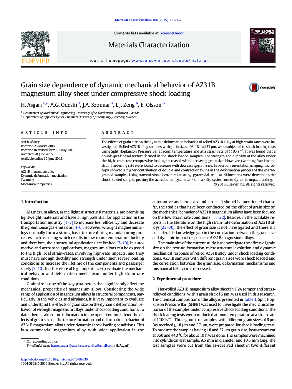 Grain size dependence of dynamic mechanical behavior of AZ31B magnesium alloy sheet under compressive shock loading