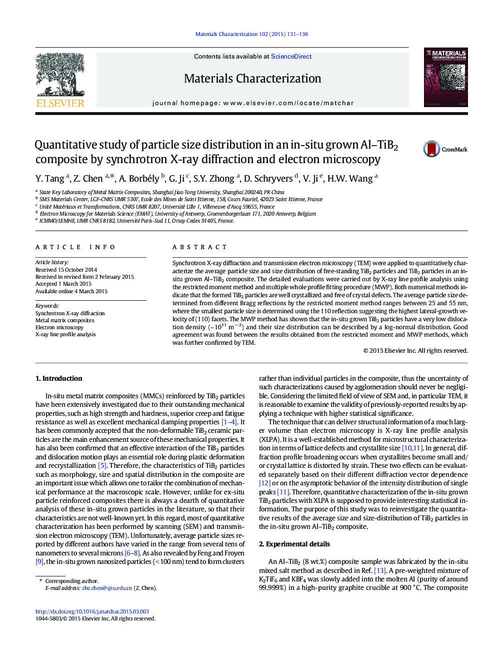 Quantitative study of particle size distribution in an in-situ grown Al-TiB2 composite by synchrotron X-ray diffraction and electron microscopy