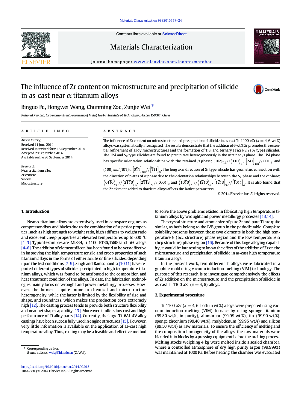 The influence of Zr content on microstructure and precipitation of silicide in as-cast near Î± titanium alloys