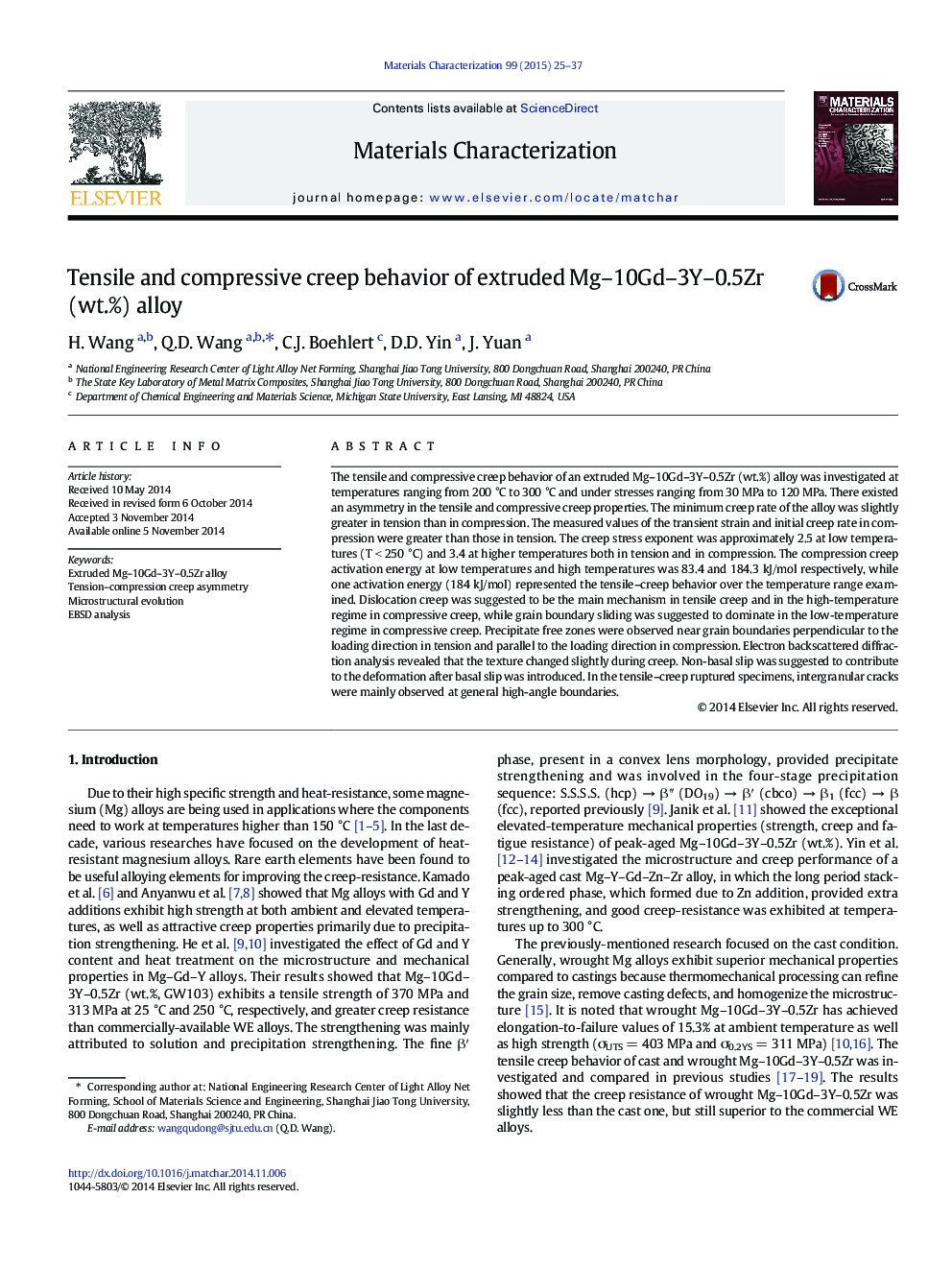 Tensile and compressive creep behavior of extruded Mg-10Gd-3Y-0.5Zr (wt.%) alloy