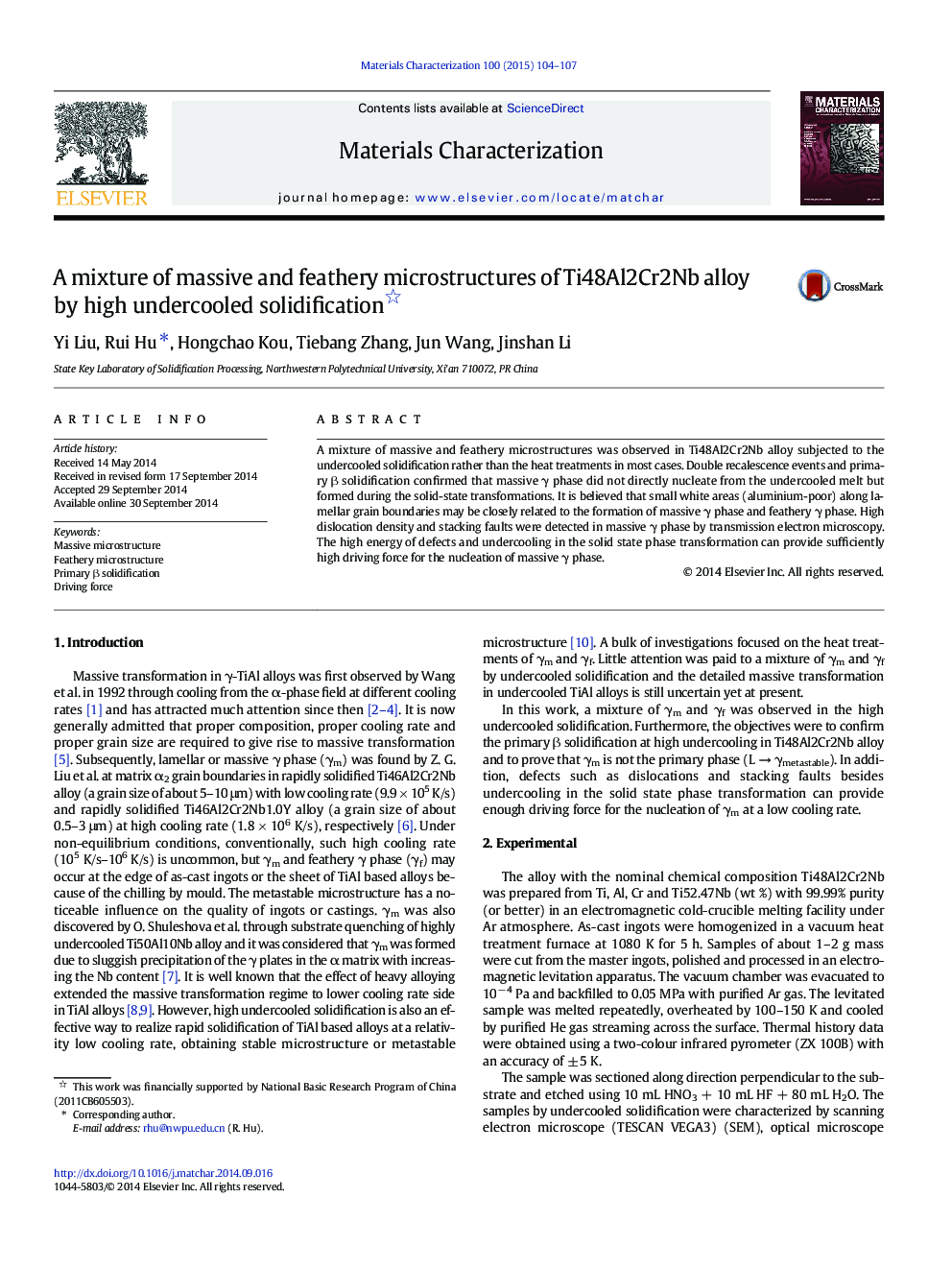 A mixture of massive and feathery microstructures of Ti48Al2Cr2Nb alloy by high undercooled solidification