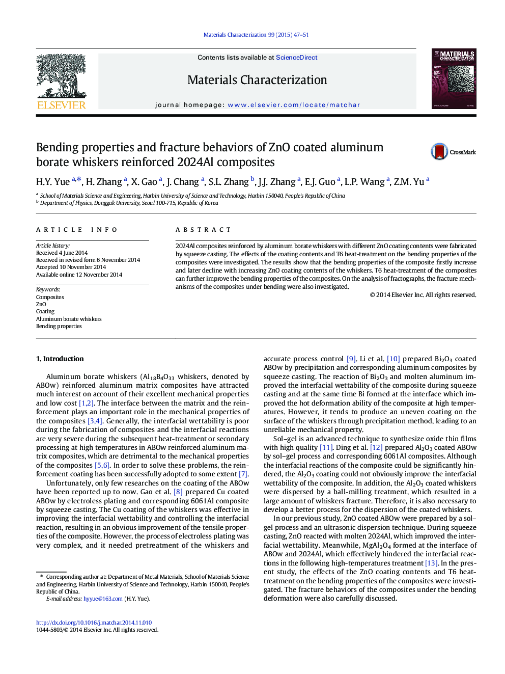 Bending properties and fracture behaviors of ZnO coated aluminum borate whiskers reinforced 2024Al composites