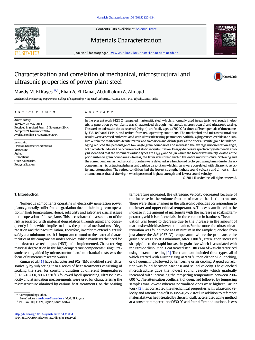 Characterization and correlation of mechanical, microstructural and ultrasonic properties of power plant steel