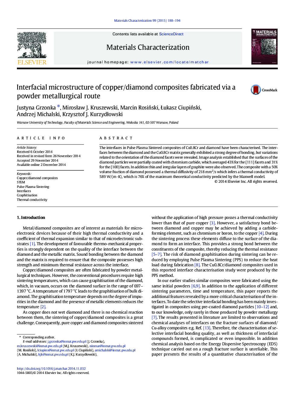 Interfacial microstructure of copper/diamond composites fabricated via a powder metallurgical route