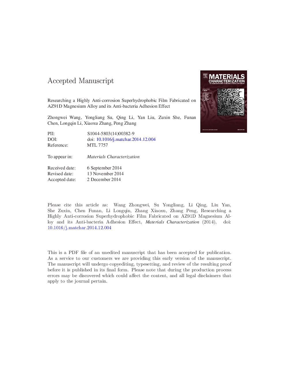 Researching a highly anti-corrosion superhydrophobic film fabricated on AZ91D magnesium alloy and its anti-bacteria adhesion effect