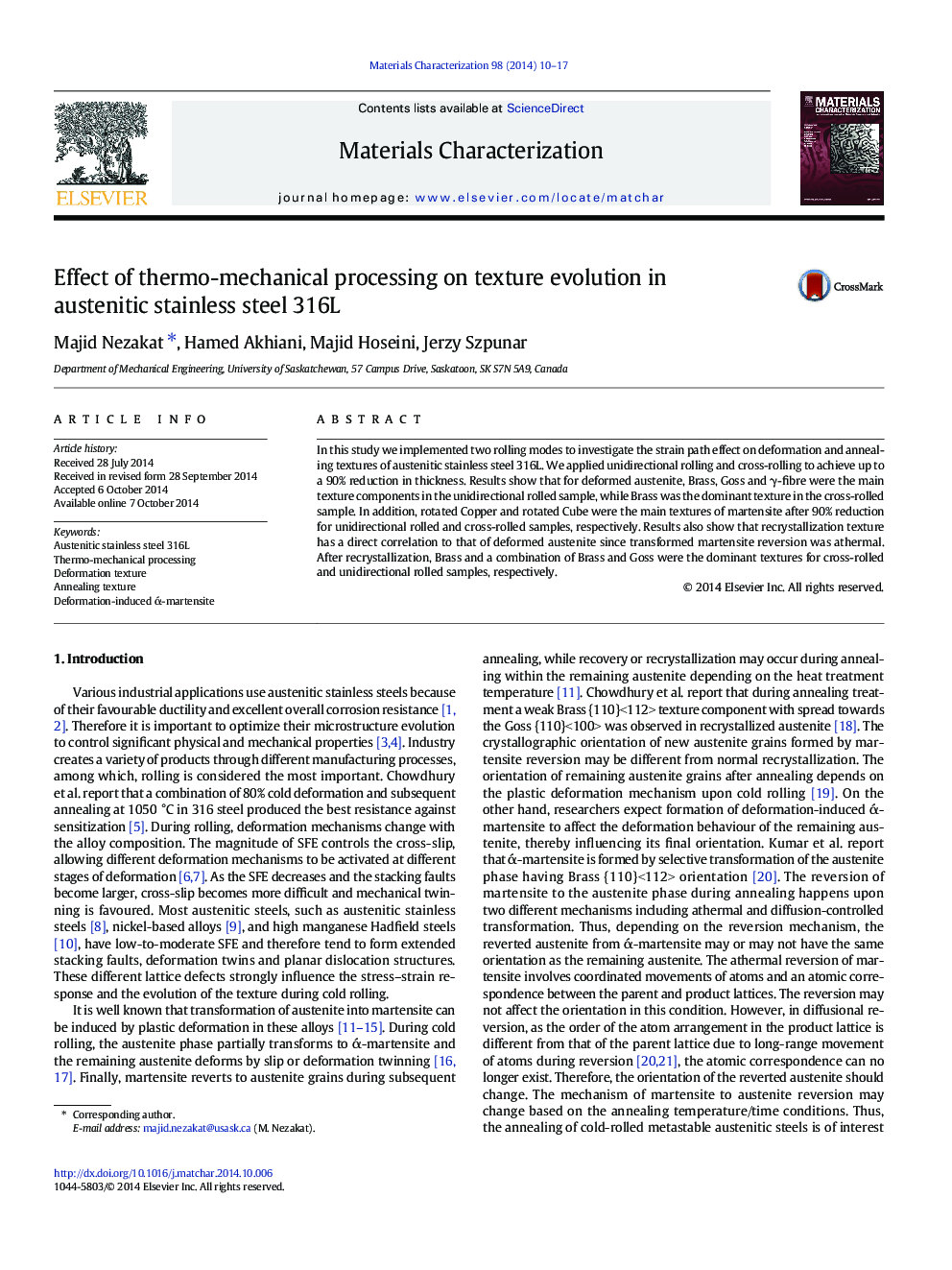 Effect of thermo-mechanical processing on texture evolution in austenitic stainless steel 316L