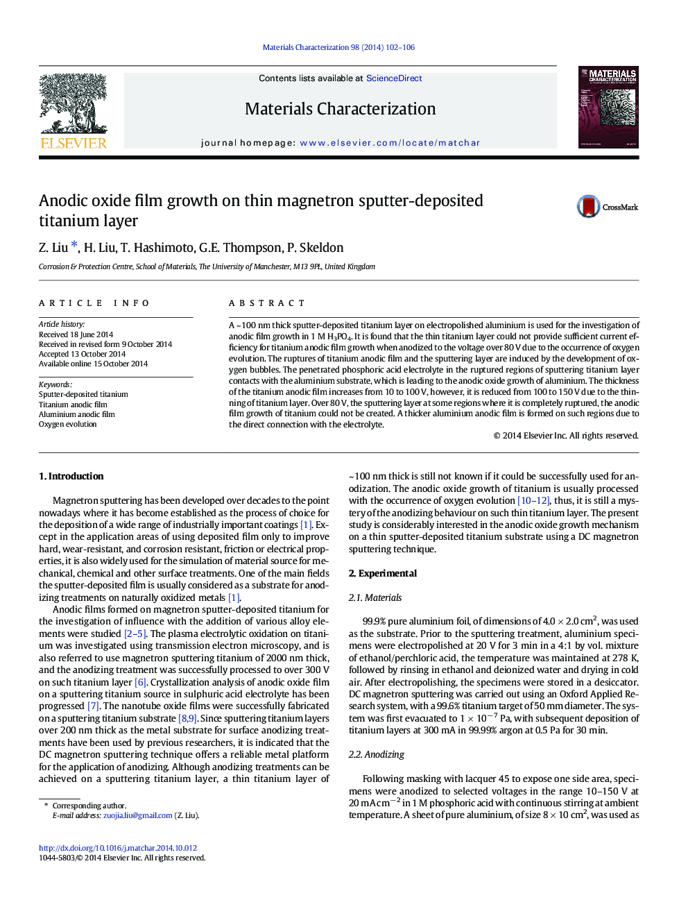 Anodic oxide film growth on thin magnetron sputter-deposited titanium layer