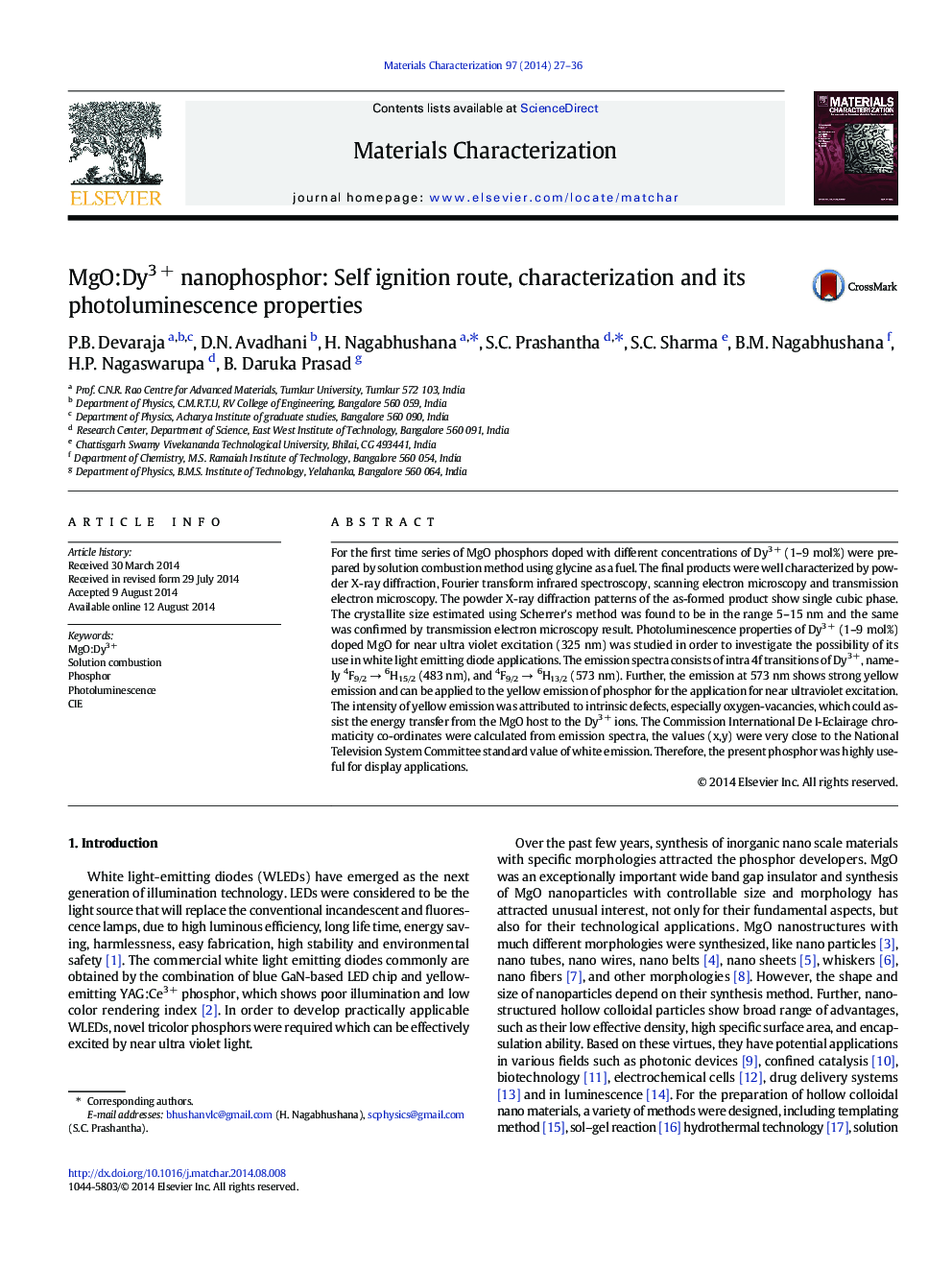 MgO:Dy3Â + nanophosphor: Self ignition route, characterization and its photoluminescence properties