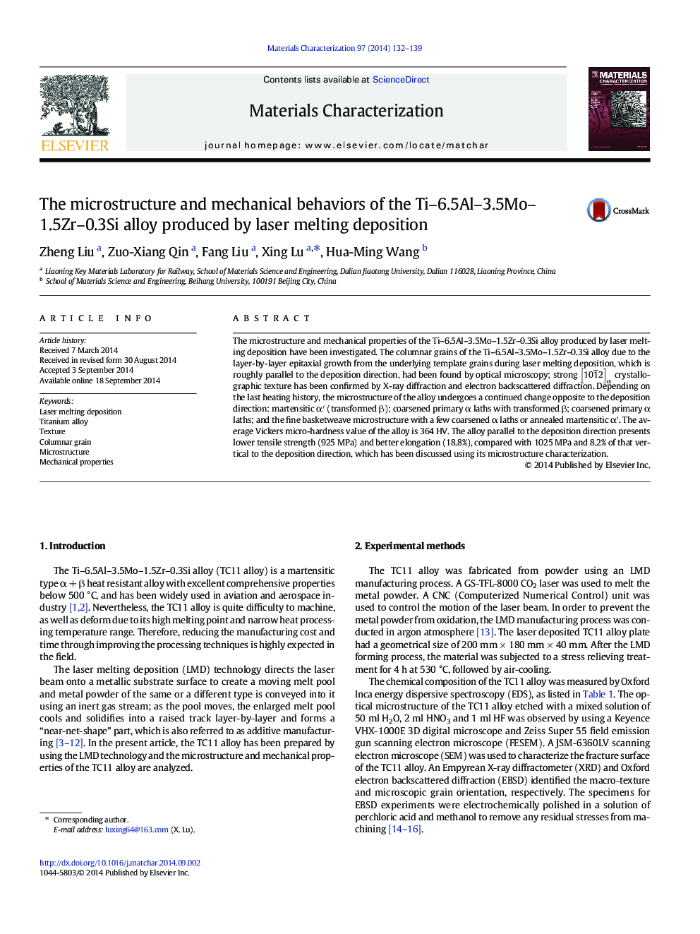 The microstructure and mechanical behaviors of the Ti-6.5Al-3.5Mo-1.5Zr-0.3Si alloy produced by laser melting deposition