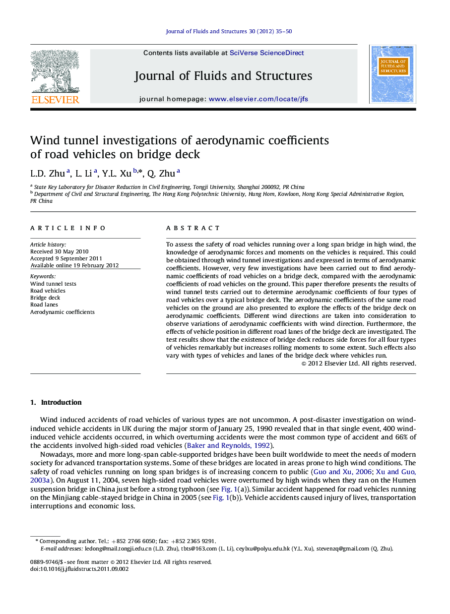 Wind tunnel investigations of aerodynamic coefficients of road vehicles on bridge deck