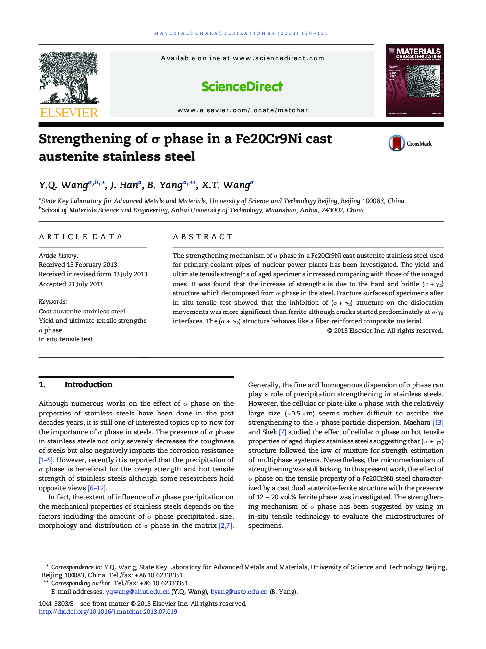 Strengthening of Ï phase in a Fe20Cr9Ni cast austenite stainless steel