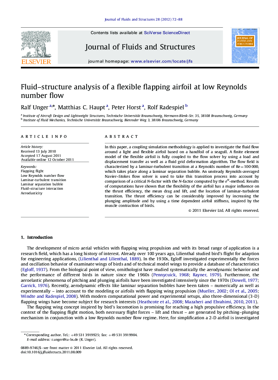 Fluid–structure analysis of a flexible flapping airfoil at low Reynolds number flow