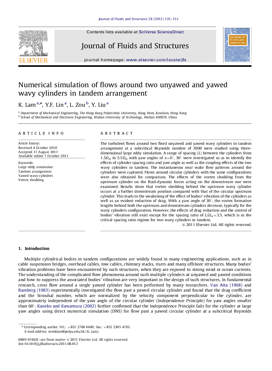 Numerical simulation of flows around two unyawed and yawed wavy cylinders in tandem arrangement