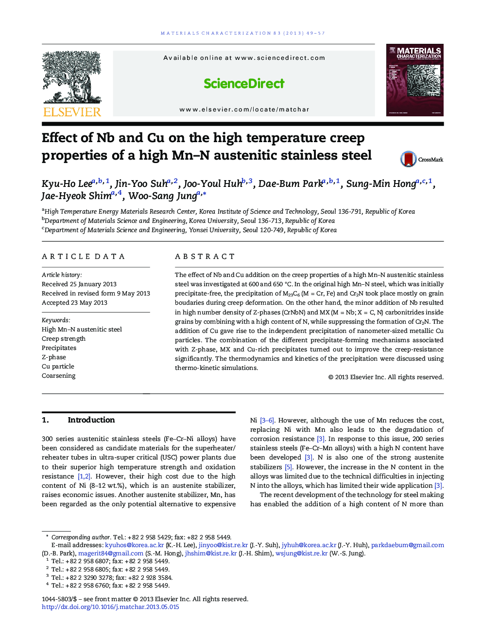 Effect of Nb and Cu on the high temperature creep properties of a high Mn-N austenitic stainless steel