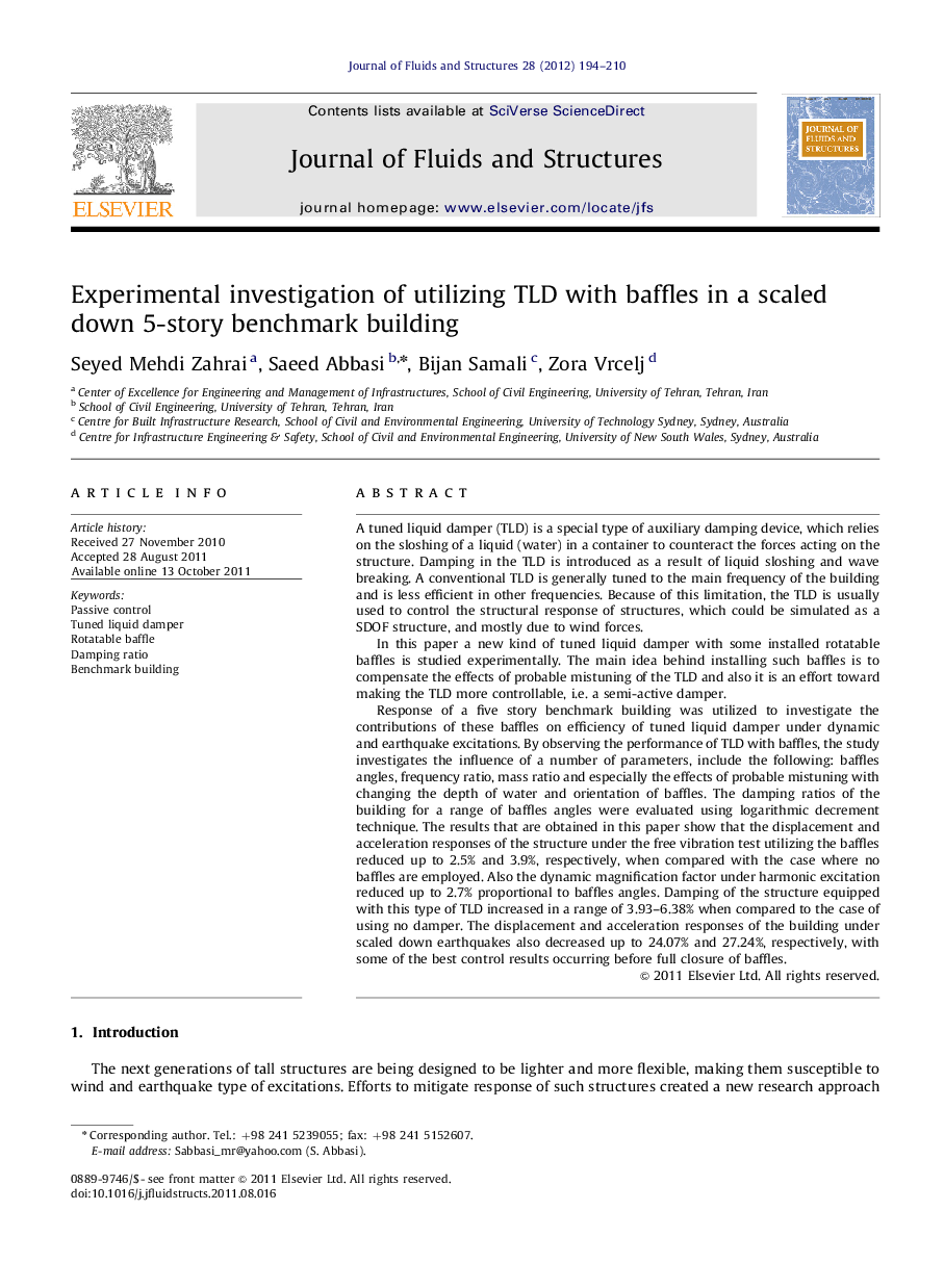 Experimental investigation of utilizing TLD with baffles in a scaled down 5-story benchmark building