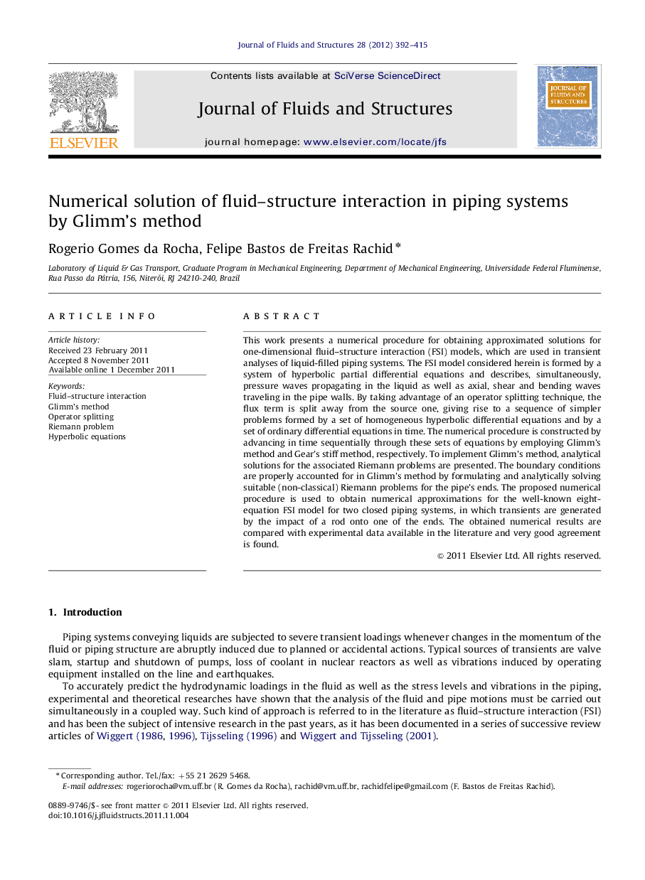 Numerical solution of fluid–structure interaction in piping systems by Glimm's method