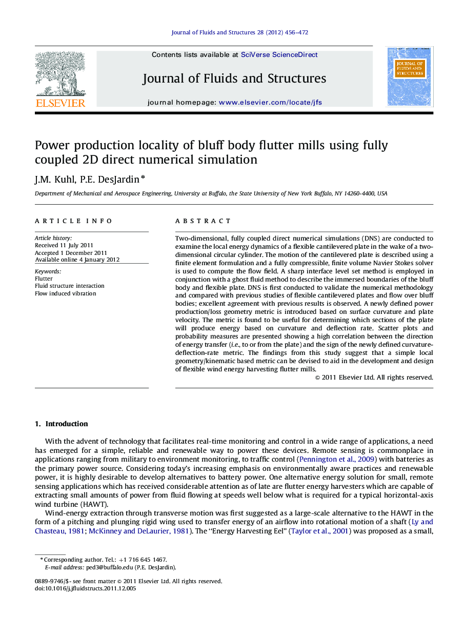 Power production locality of bluff body flutter mills using fully coupled 2D direct numerical simulation