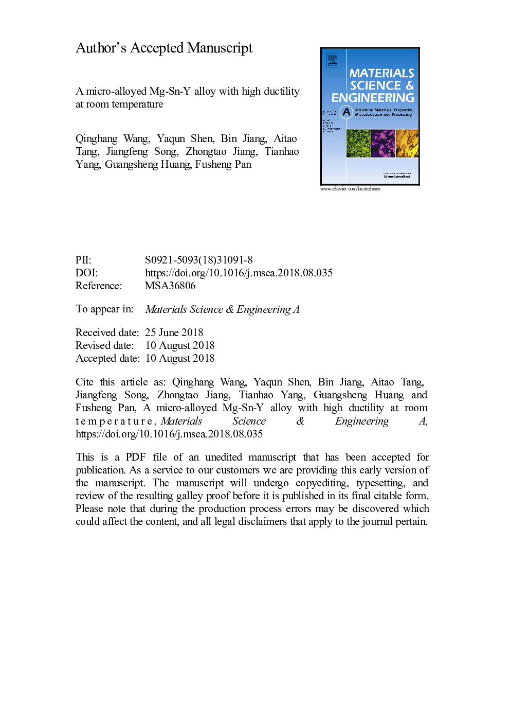 A micro-alloyed Mg-Sn-Y alloy with high ductility at room temperature