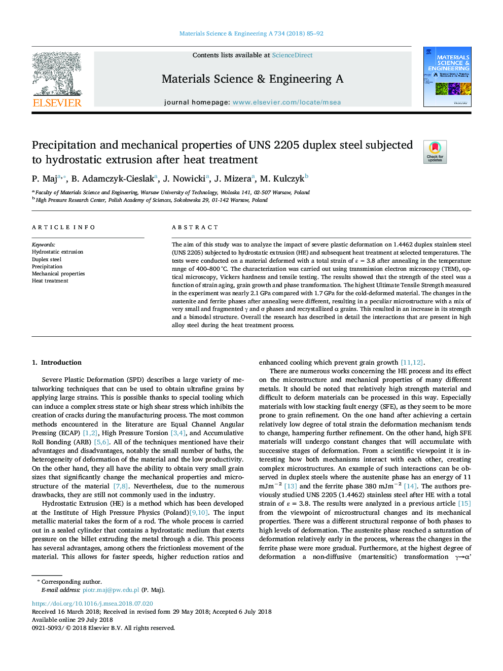 Precipitation and mechanical properties of UNS 2205 duplex steel subjected to hydrostatic extrusion after heat treatment