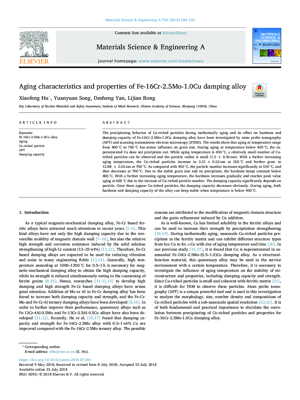 Aging characteristics and properties of Fe-16Cr-2.5Mo-1.0Cu damping alloy