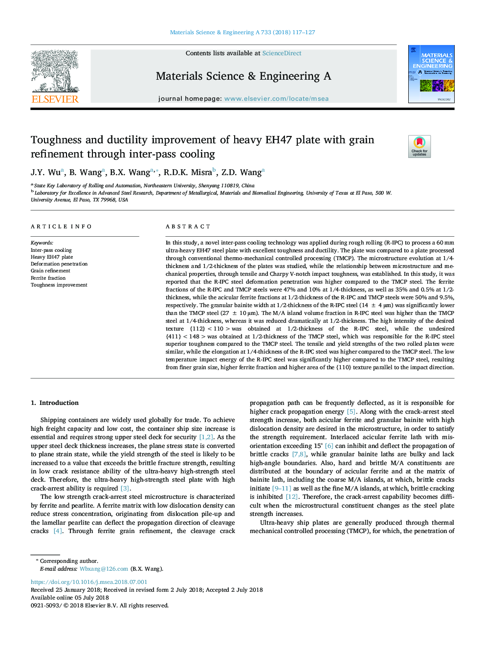 عکس صفحه اول مقاله: Toughness and ductility improvement of heavy EH47 plate with grain refinement through inter-pass cooling Toughness and ductility improvement of heavy EH47 plate with grain refinement through inter-pass cooling