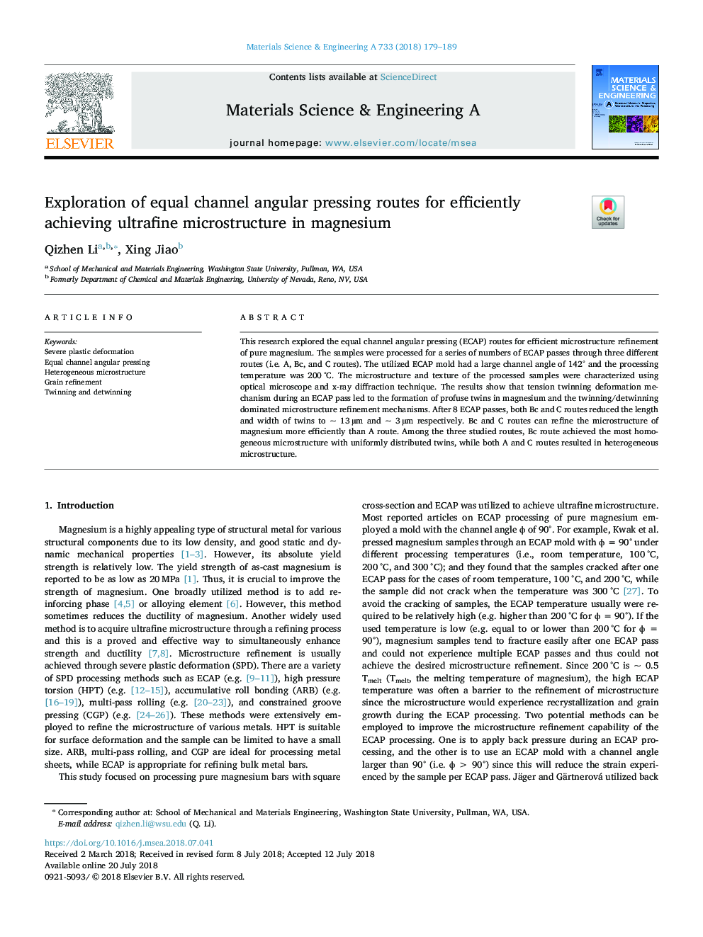 Exploration of equal channel angular pressing routes for efficiently achieving ultrafine microstructure in magnesium