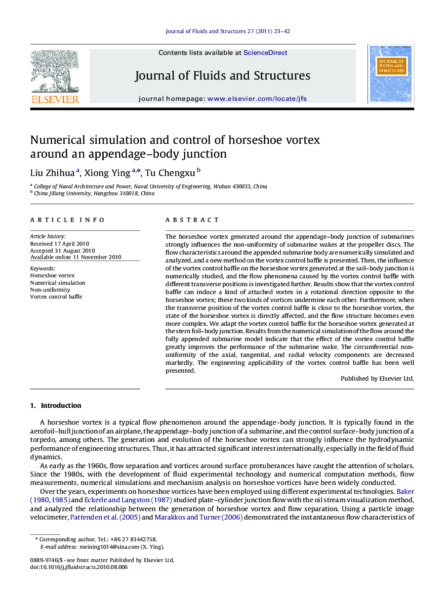 Numerical simulation and control of horseshoe vortex around an appendage–body junction