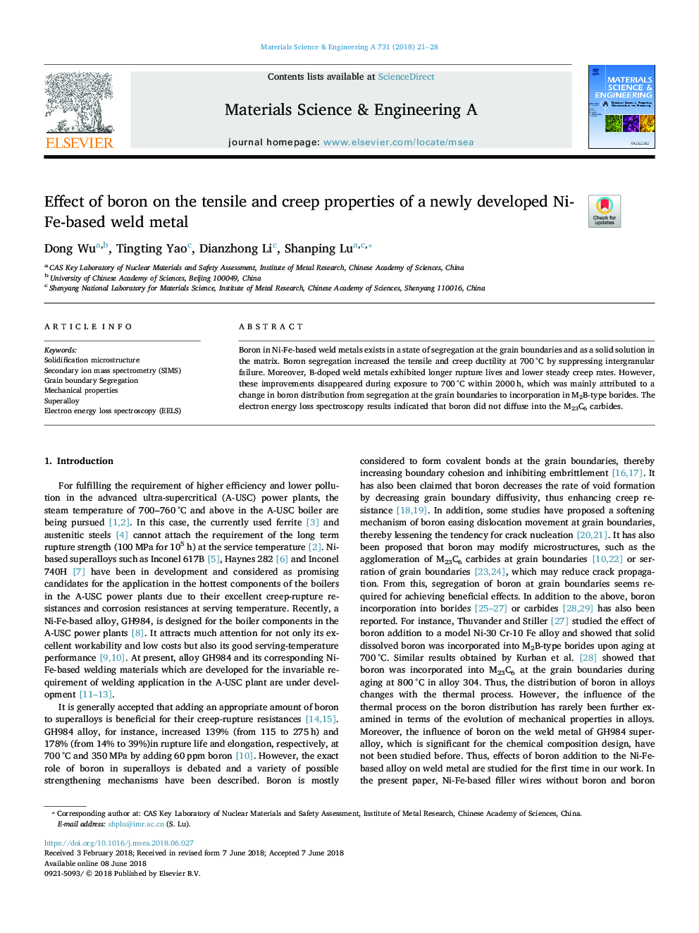 Effect of boron on the tensile and creep properties of a newly developed Ni-Fe-based weld metal