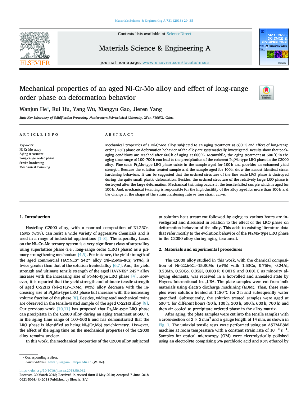 Mechanical properties of an aged Ni-Cr-Mo alloy and effect of long-range order phase on deformation behavior