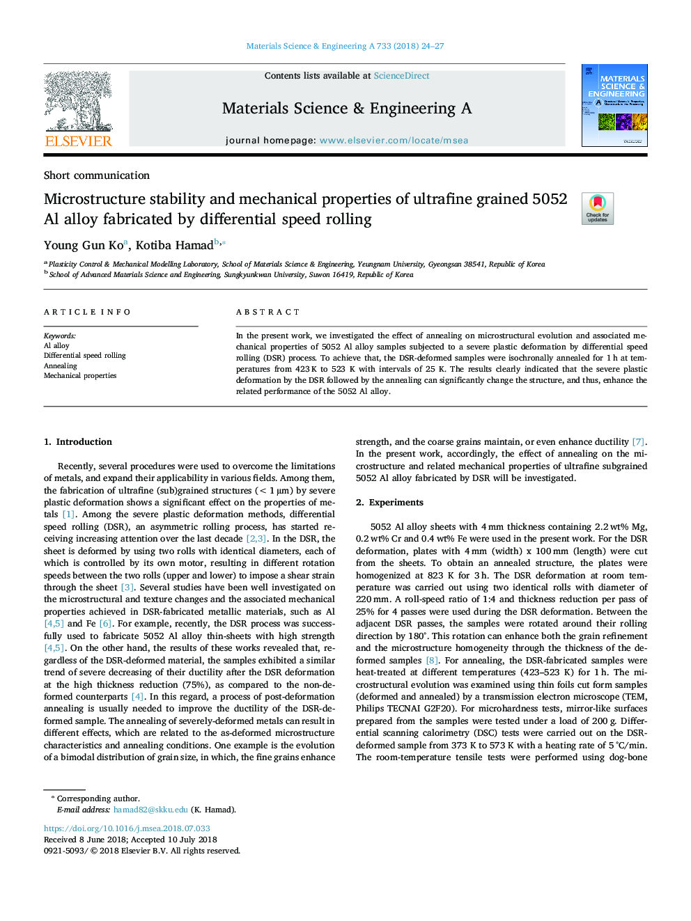 Microstructure stability and mechanical properties of ultrafine grained 5052 Al alloy fabricated by differential speed rolling