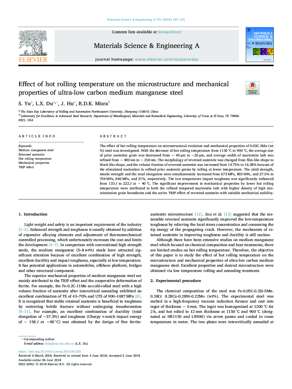 Effect of hot rolling temperature on the microstructure and mechanical properties of ultra-low carbon medium manganese steel