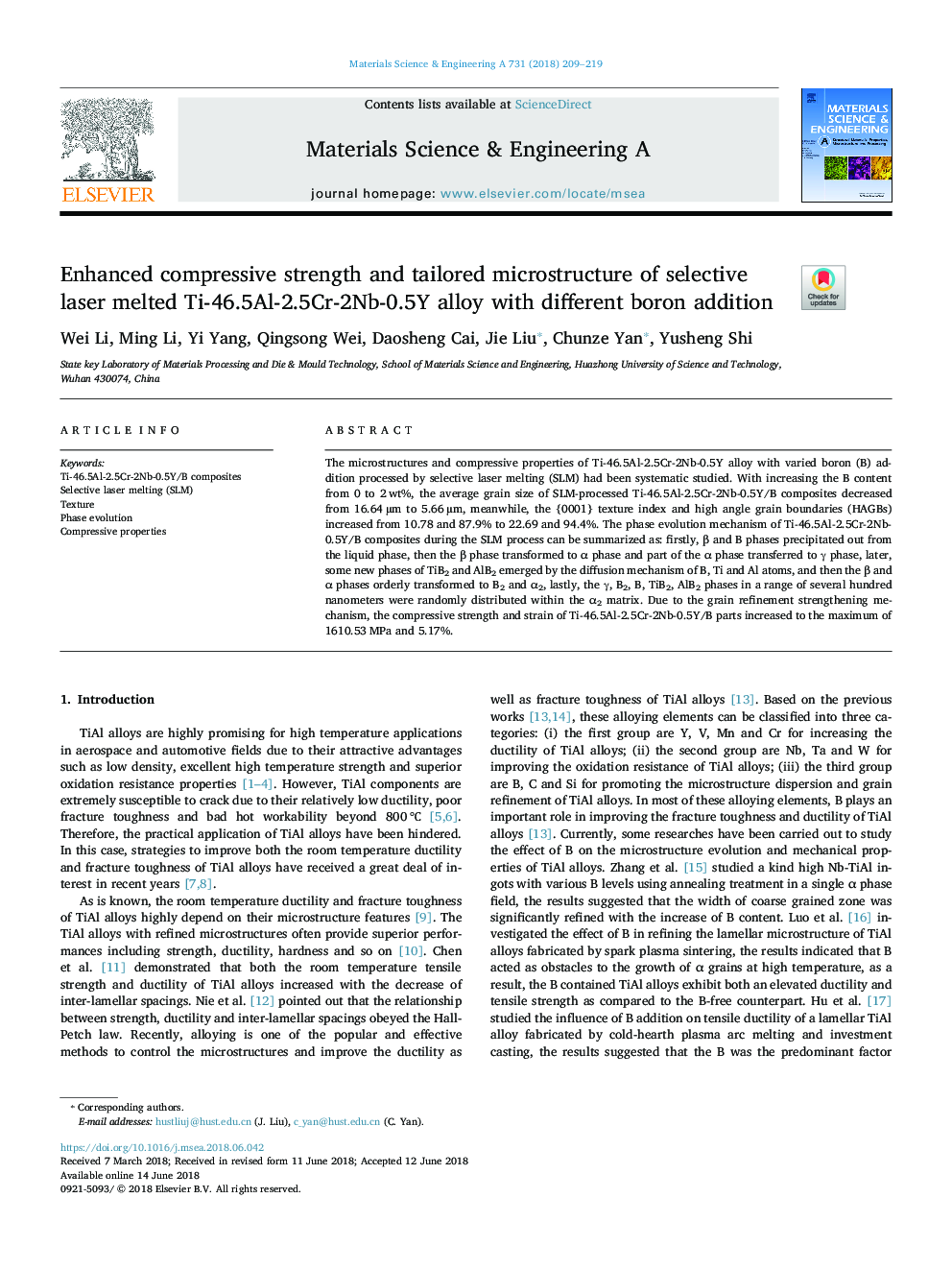 Enhanced compressive strength and tailored microstructure of selective laser melted Ti-46.5Al-2.5Cr-2Nb-0.5Y alloy with different boron addition