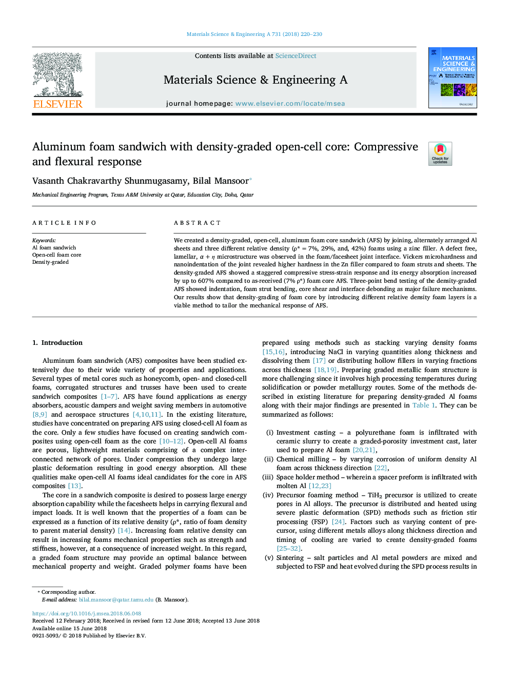 Aluminum foam sandwich with density-graded open-cell core: Compressive and flexural response