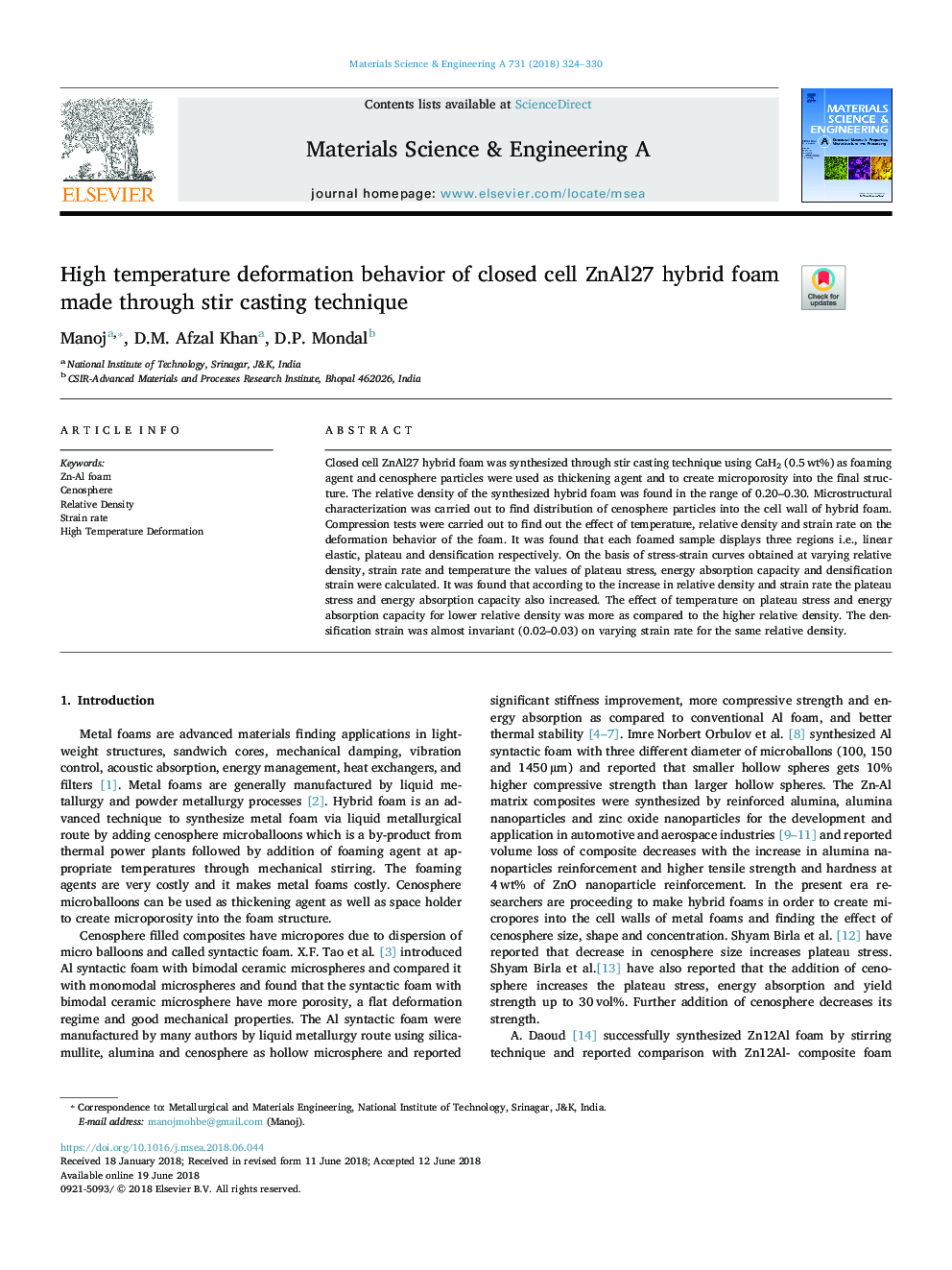 High temperature deformation behavior of closed cell ZnAl27 hybrid foam made through stir casting technique