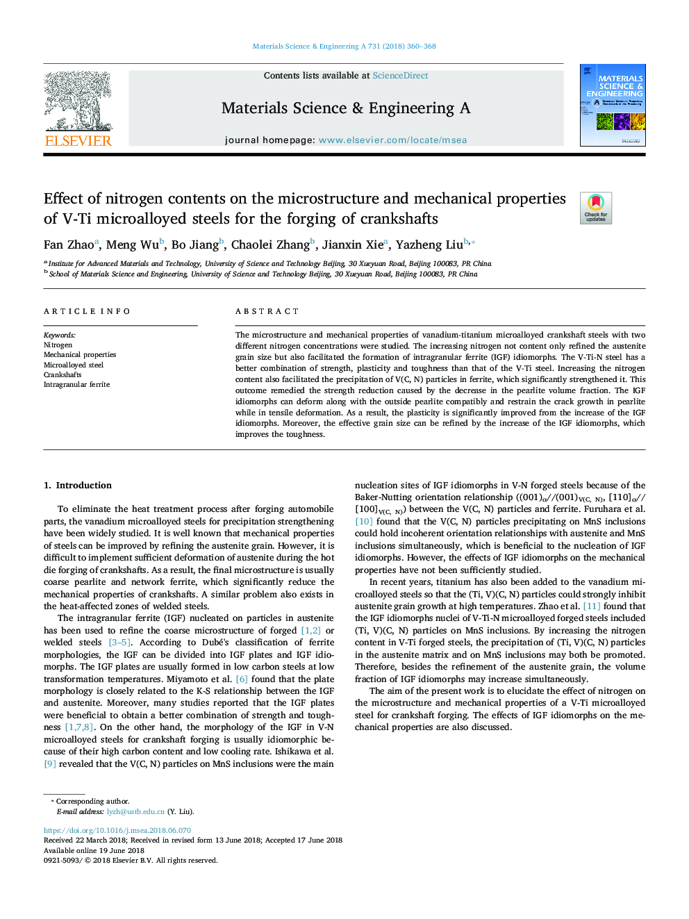 Effect of nitrogen contents on the microstructure and mechanical properties of V-Ti microalloyed steels for the forging of crankshafts