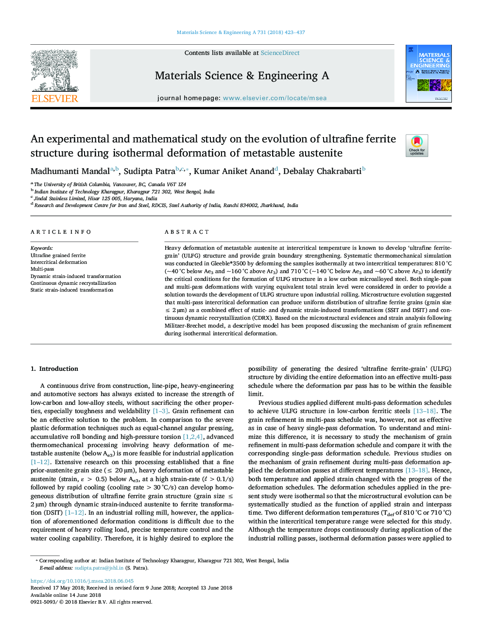 An experimental and mathematical study on the evolution of ultrafine ferrite structure during isothermal deformation of metastable austenite