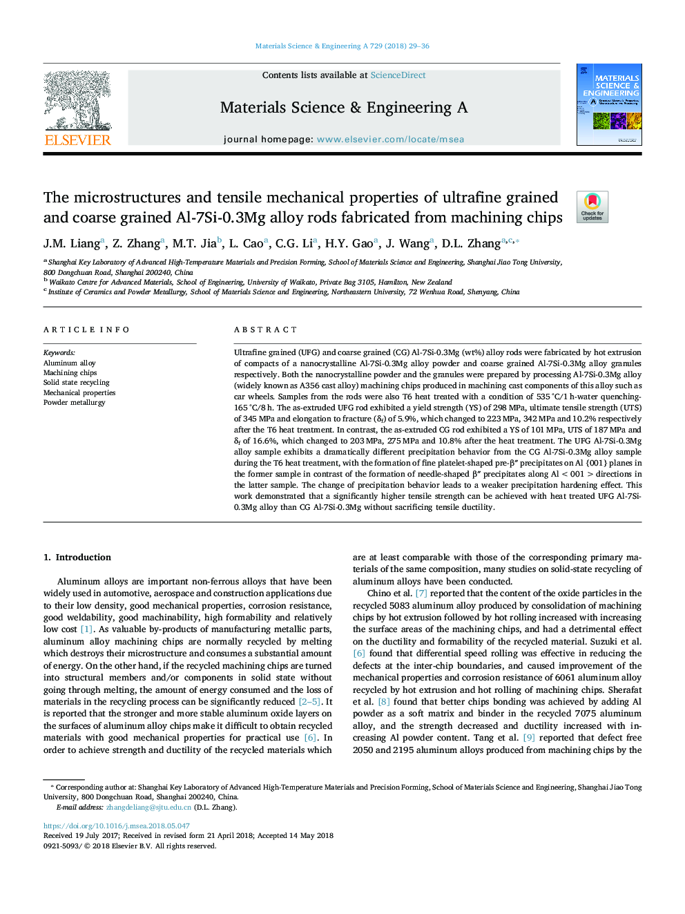 The microstructures and tensile mechanical properties of ultrafine grained and coarse grainedÂ Al-7Si-0.3Mg alloy rods fabricated from machining chips