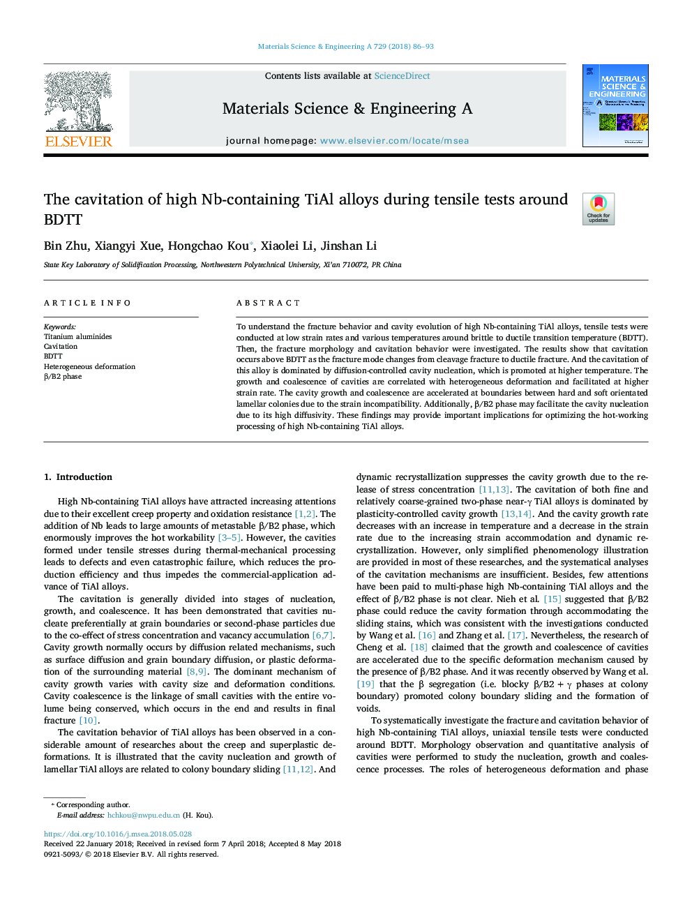 The cavitation of high Nb-containing TiAl alloys during tensile tests around BDTT