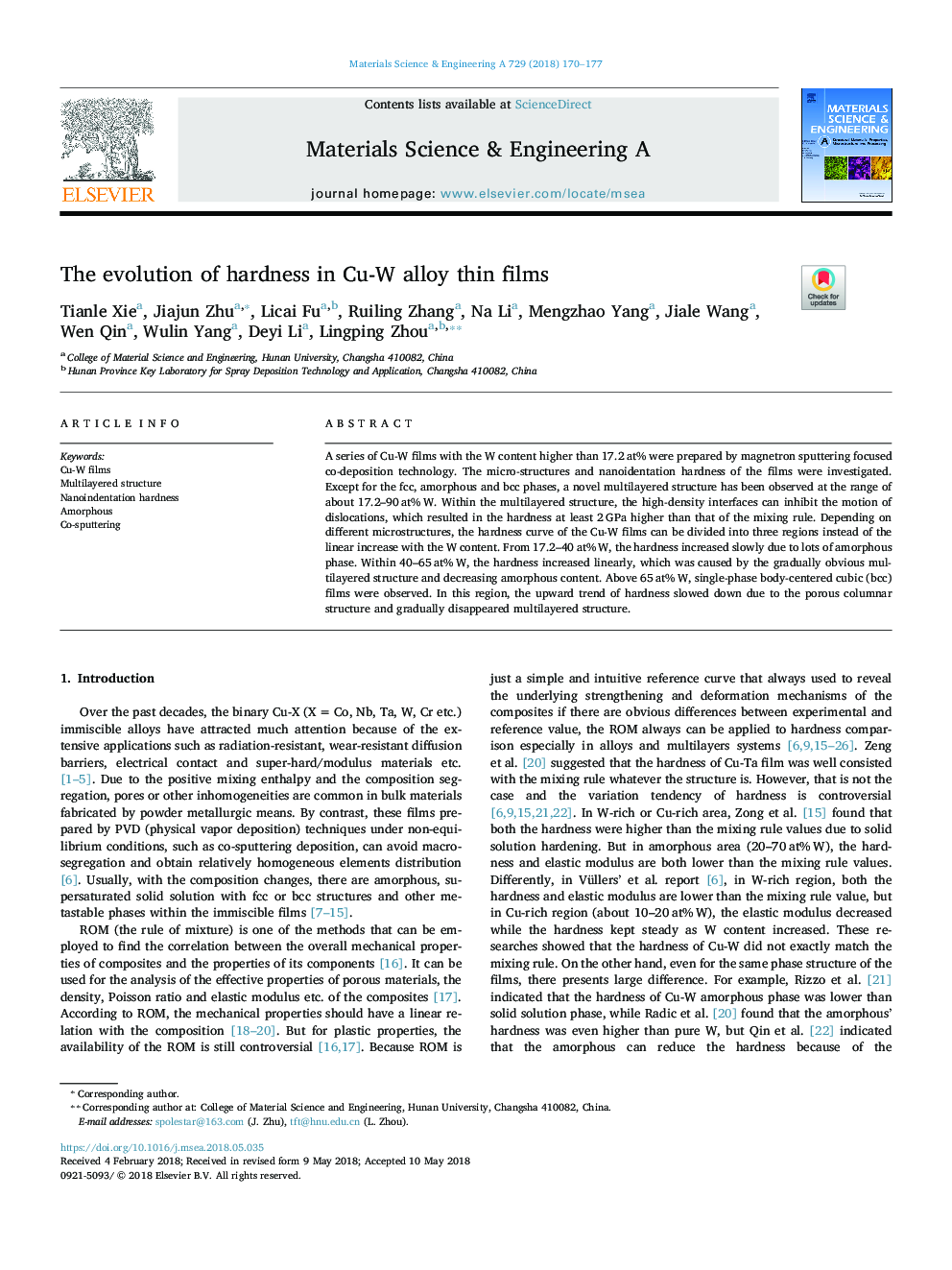 The evolution of hardness in Cu-W alloy thin films