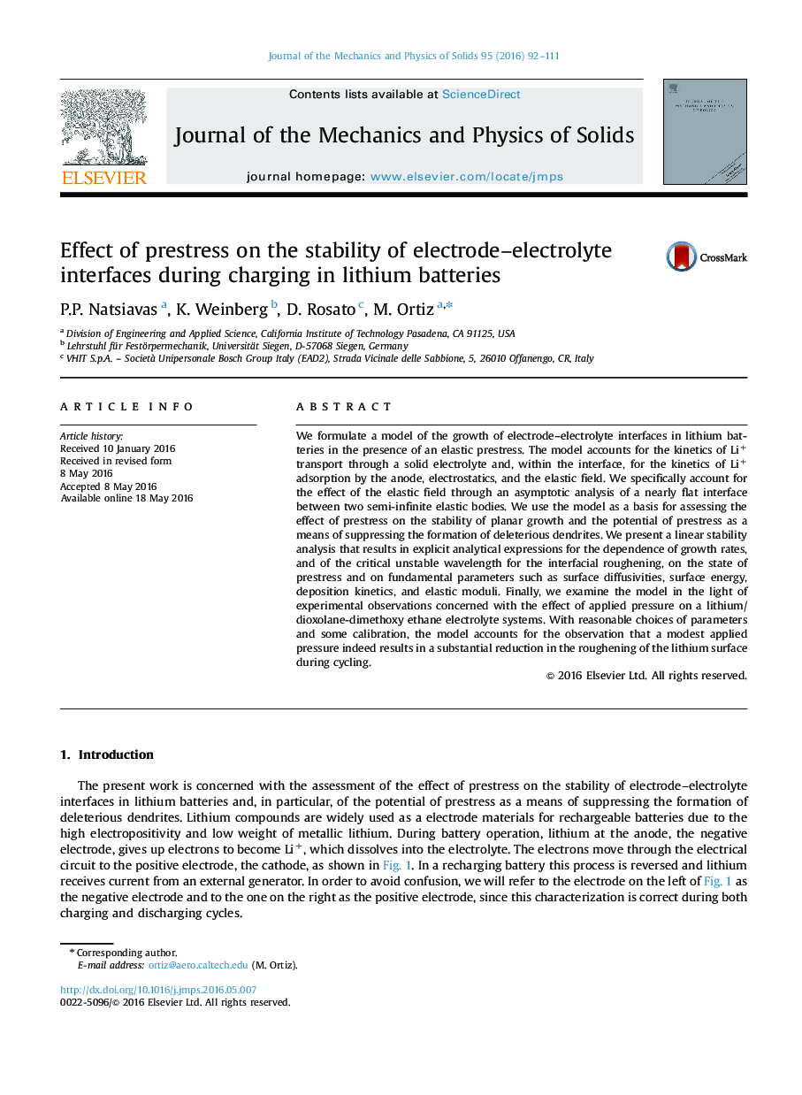 Effect of prestress on the stability of electrode–electrolyte interfaces during charging in lithium batteries