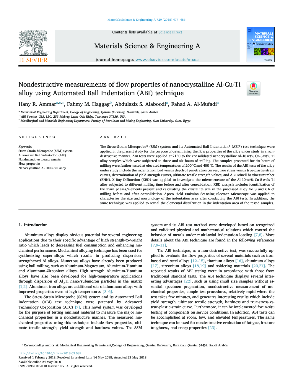 Nondestructive measurements of flow properties of nanocrystalline Al-Cu-Ti alloy using Automated Ball Indentation (ABI) technique