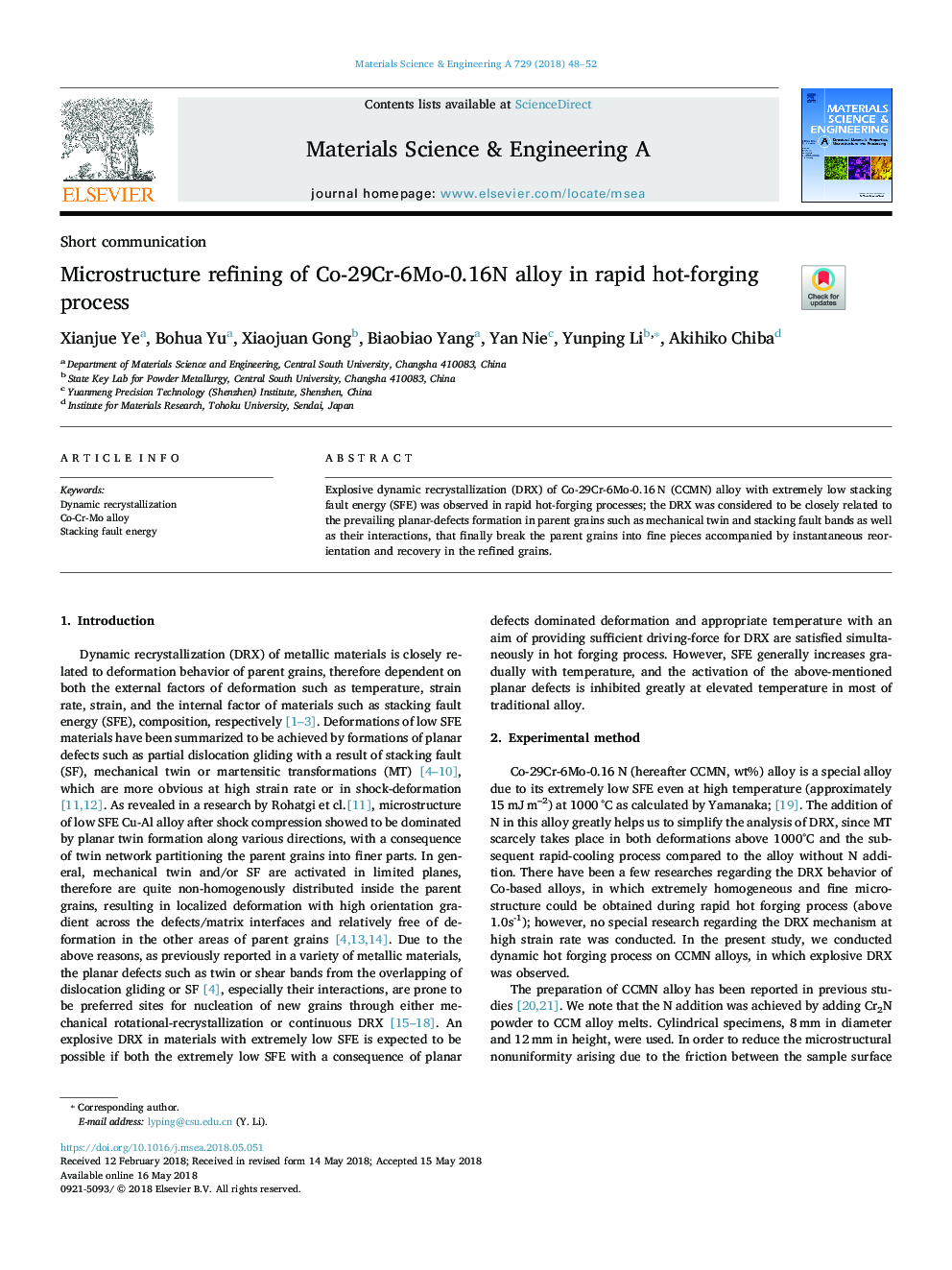 Microstructure refining of Co-29Cr-6Mo-0.16N alloy in rapid hot-forging process