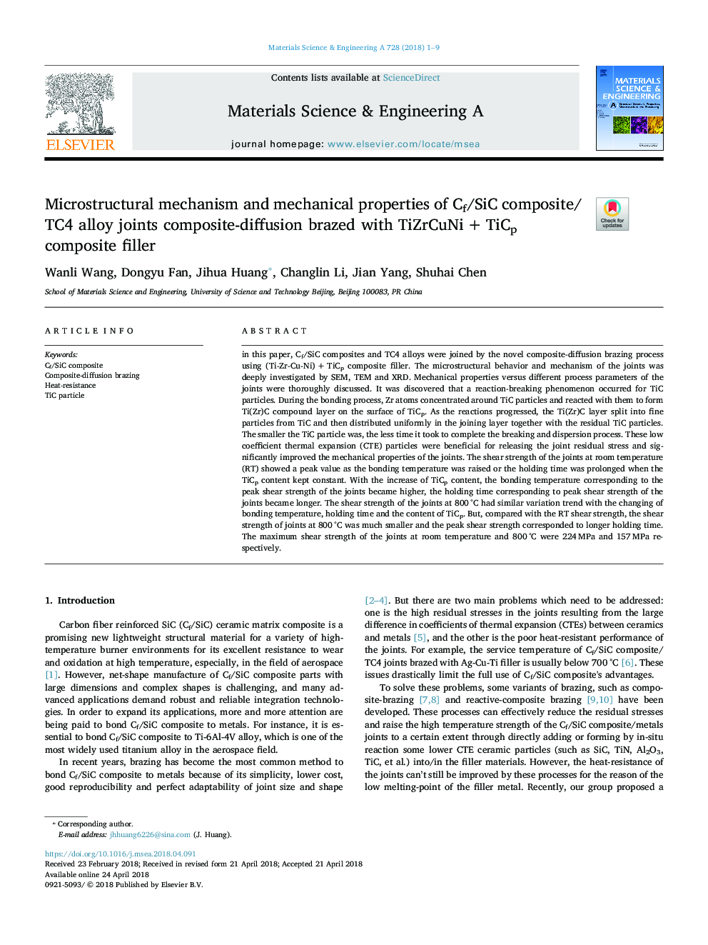 Microstructural mechanism and mechanical properties of Cf/SiC composite/TC4 alloy joints composite-diffusion brazed with TiZrCuNiâ¯+â¯TiCp composite filler