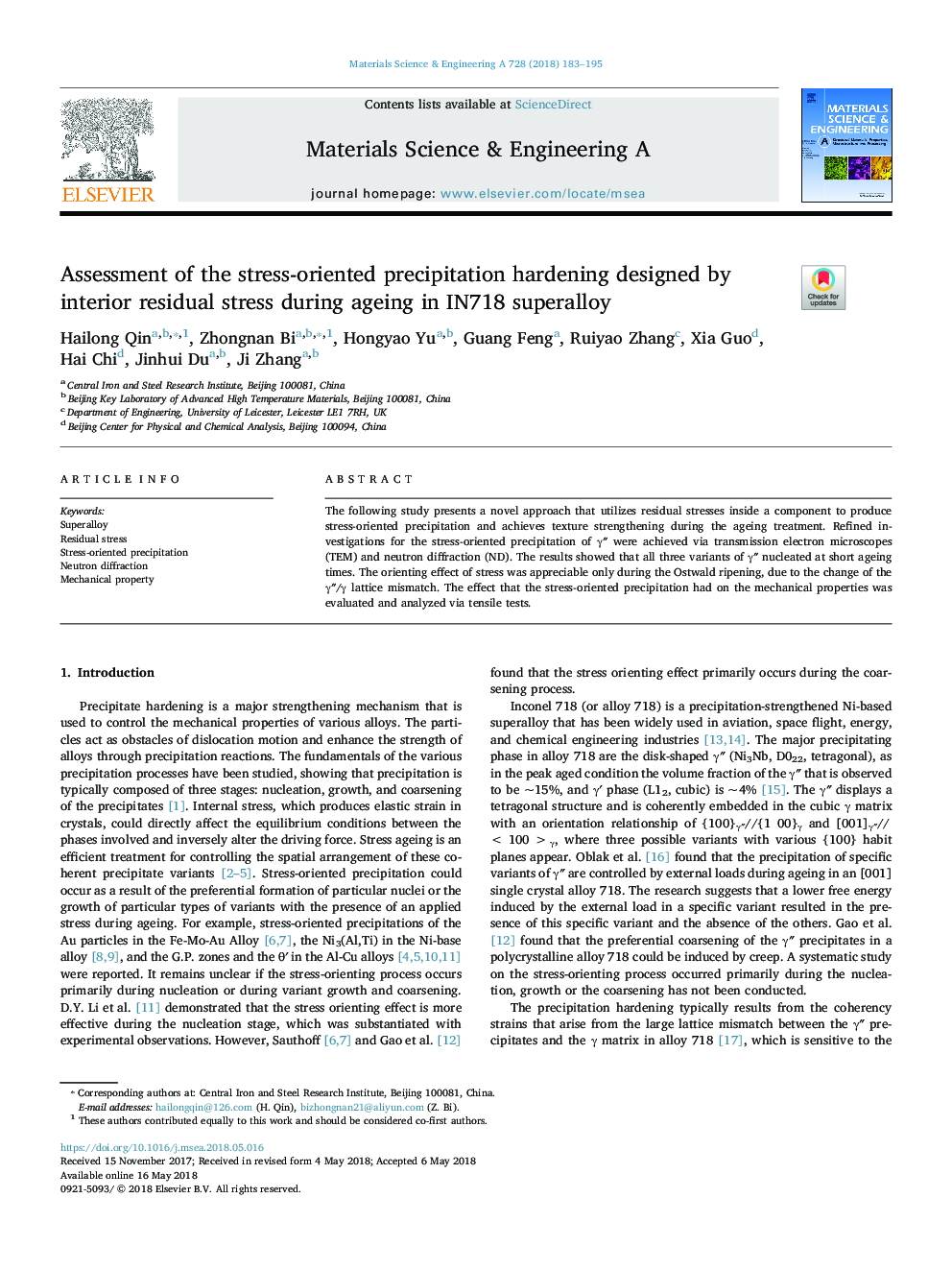 Assessment of the stress-oriented precipitation hardening designed by interior residual stress during ageing in IN718 superalloy