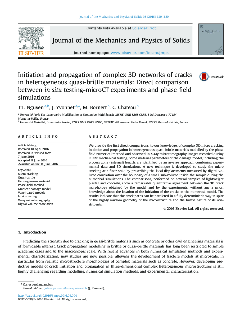 Initiation and propagation of complex 3D networks of cracks in heterogeneous quasi-brittle materials: Direct comparison between in situ testing-microCT experiments and phase field simulations