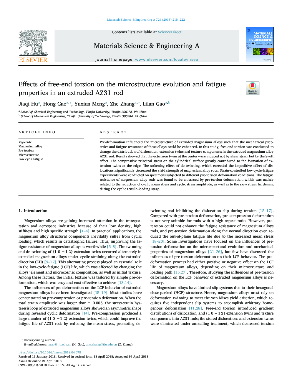 Effects of free-end torsion on the microstructure evolution and fatigue properties in an extruded AZ31 rod