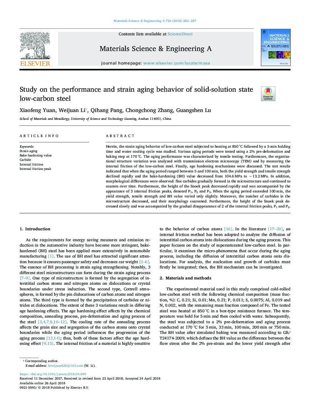 Study on the performance and strain aging behavior of solid-solution state low-carbon steel